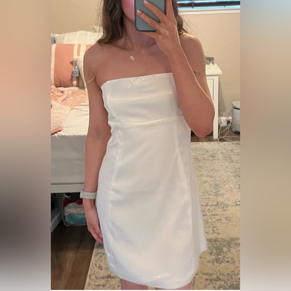 White strapless satin mini dress